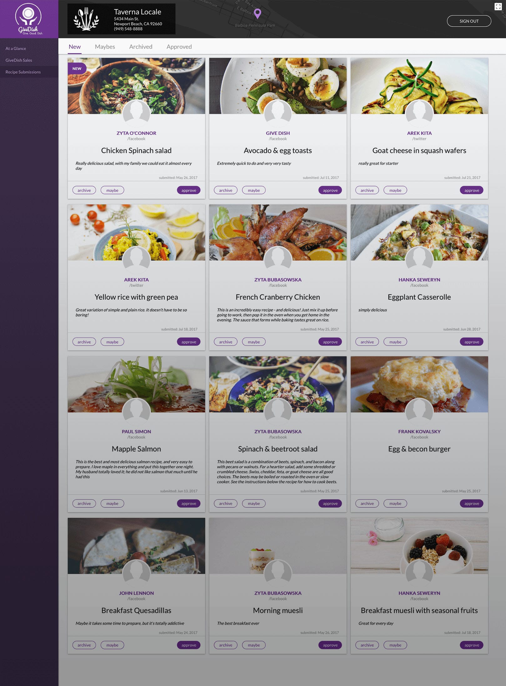 GiveDish - restaurant dashboard for managing menu items for a restaurant participating in a donation program.